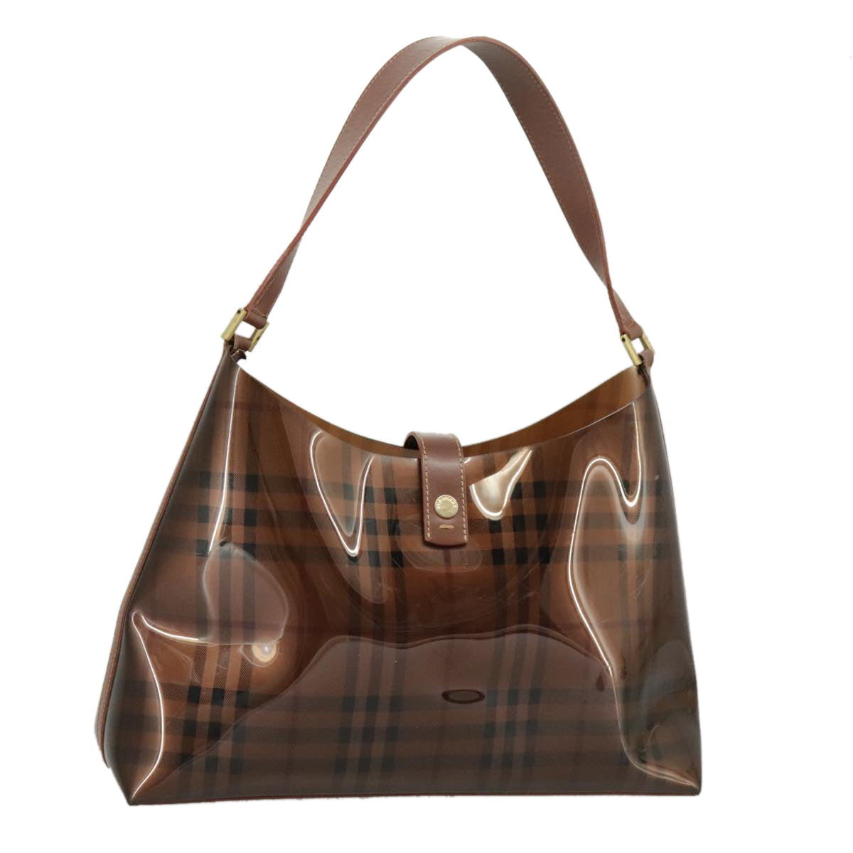 BURBERRY Nova Check Shoulder Bag Vinyl Leather Brown Gold Auth 98284