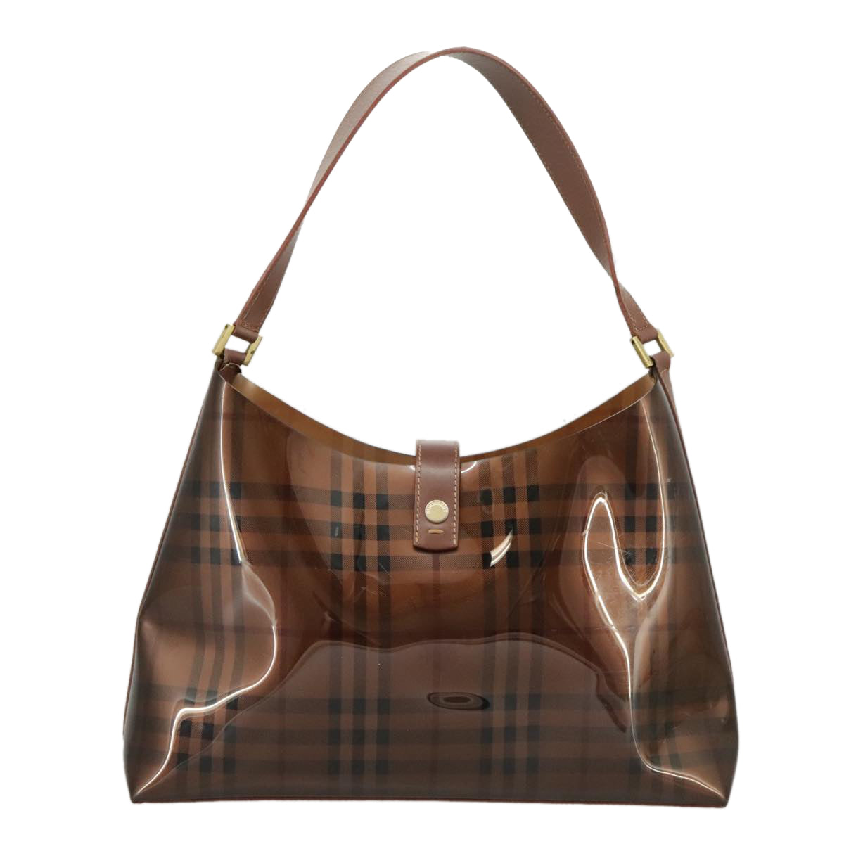 BURBERRY Nova Check Shoulder Bag Vinyl Leather Brown Gold Auth 98284 - 0