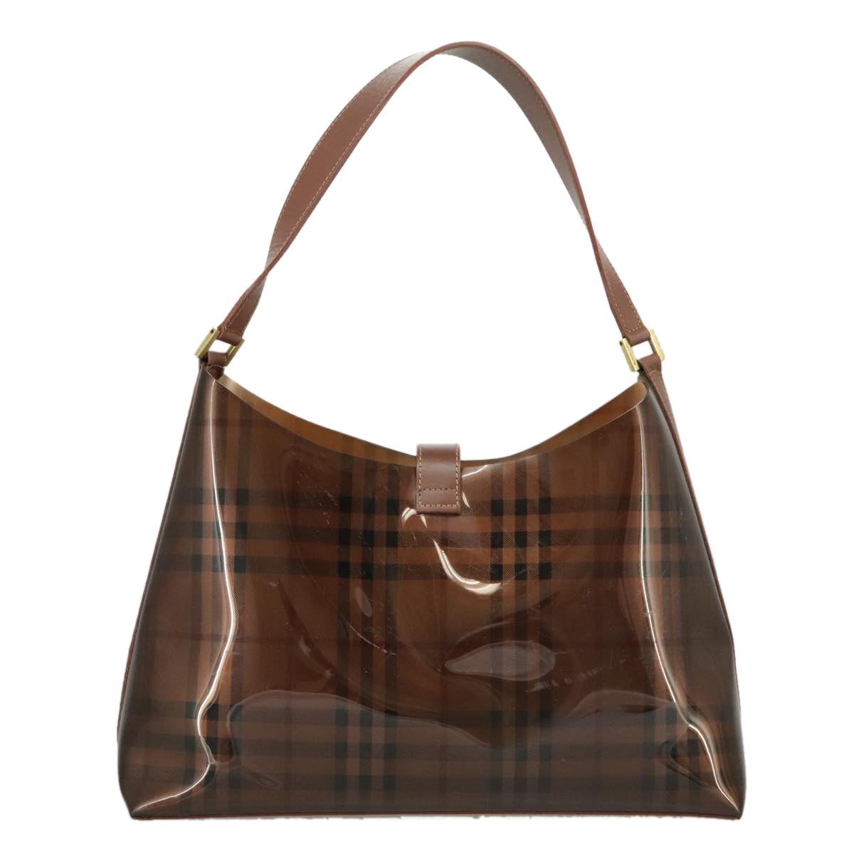 BURBERRY Nova Check Shoulder Bag Vinyl Leather Brown Gold Auth 98284