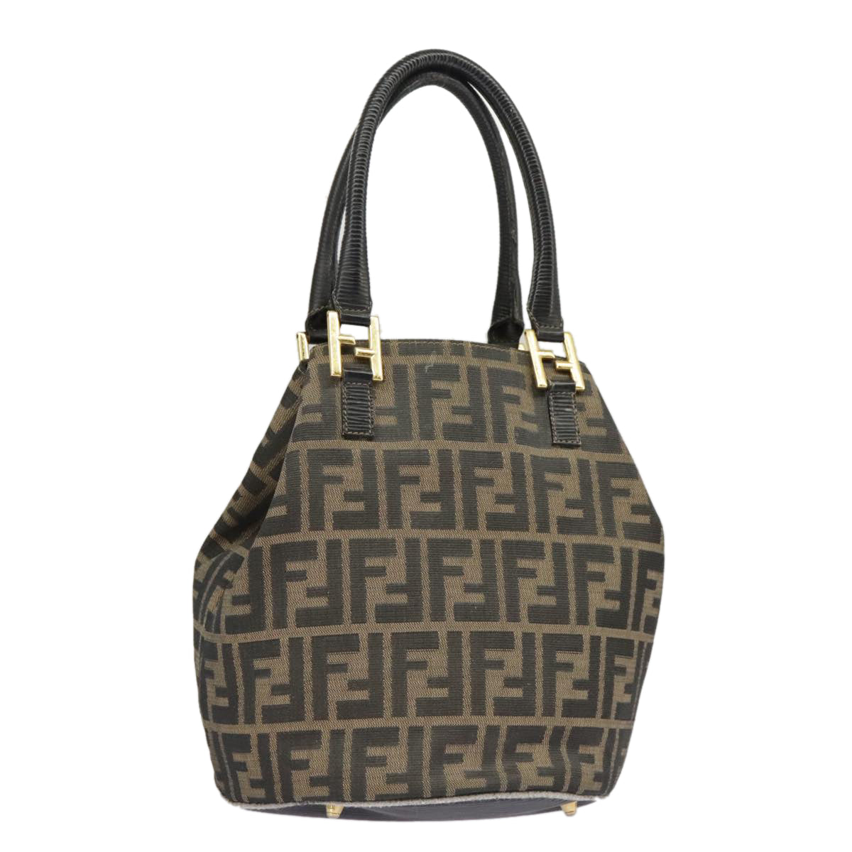 FENDI Zucca Canvas Hand Bag Brown Black Gold Auth 98285