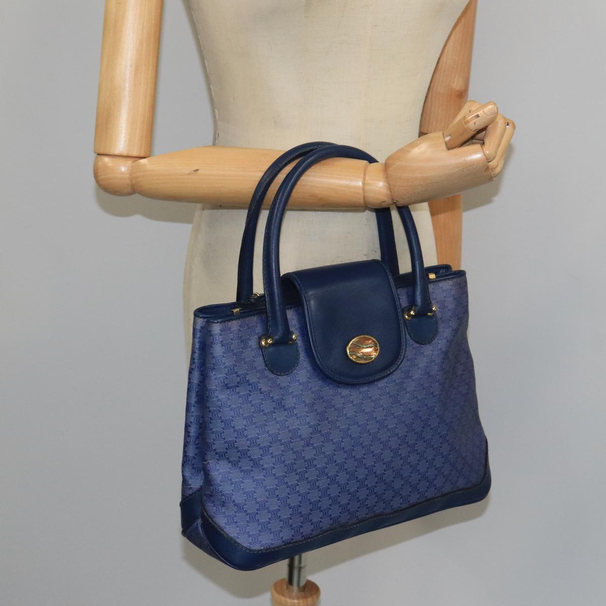 CELINE Macadam Canvas Hand Bag Blue Gold Auth 98298