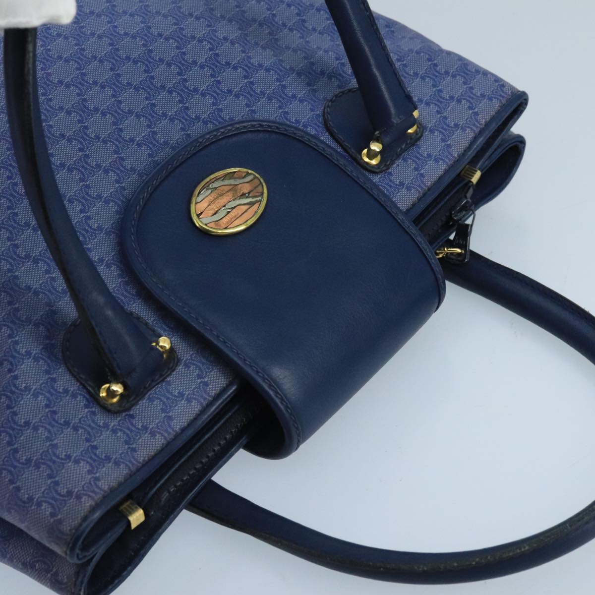 CELINE Macadam Canvas Hand Bag Blue Gold Auth 98298