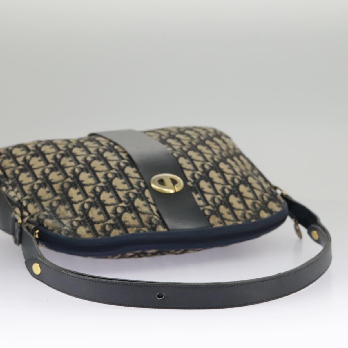 Christian Dior Trotter Canvas Shoulder Bag Navy Gold Auth 98315