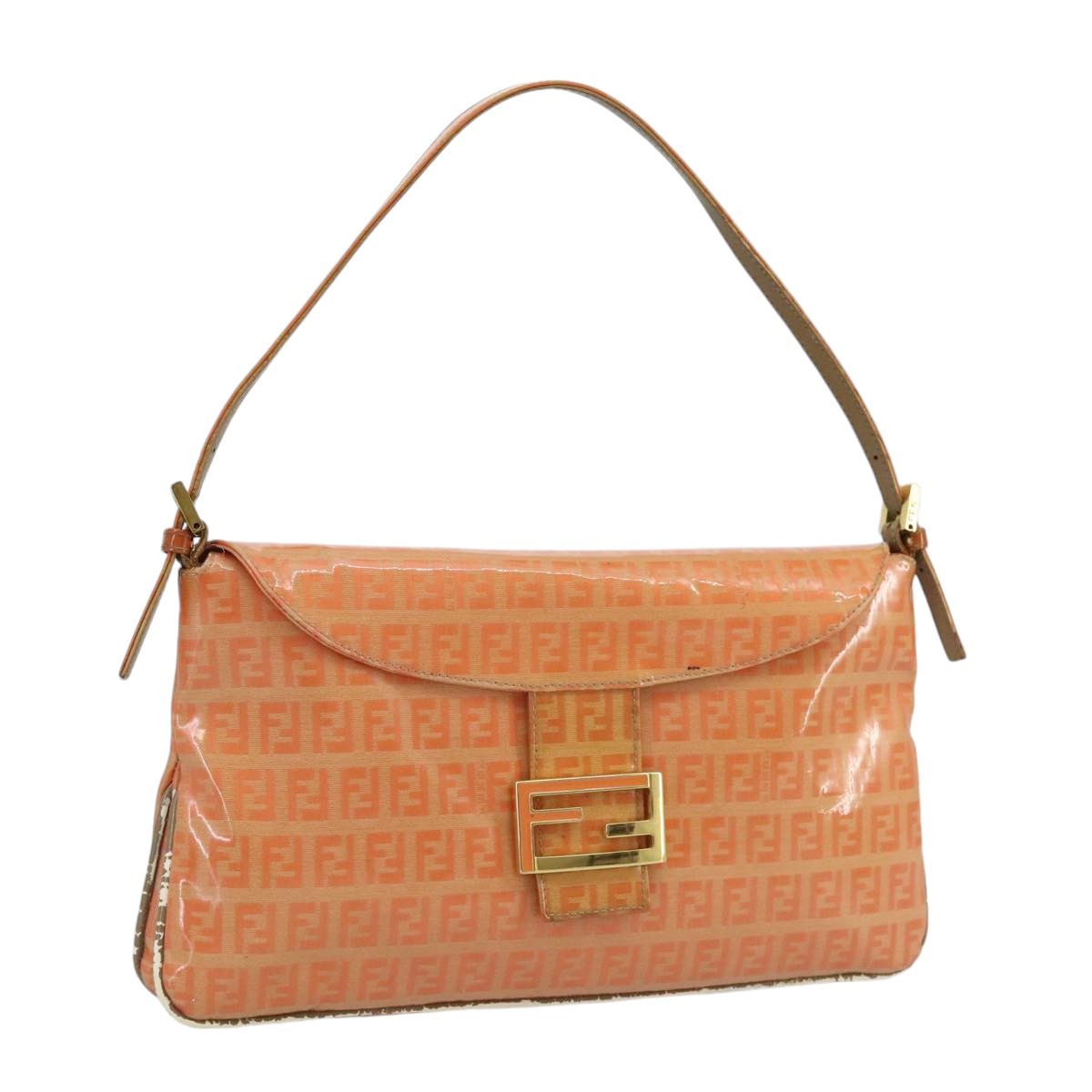 FENDI Zucchino Canvas Mamma Baguette Shoulder Bag Enamel Gold Orange Auth 98336