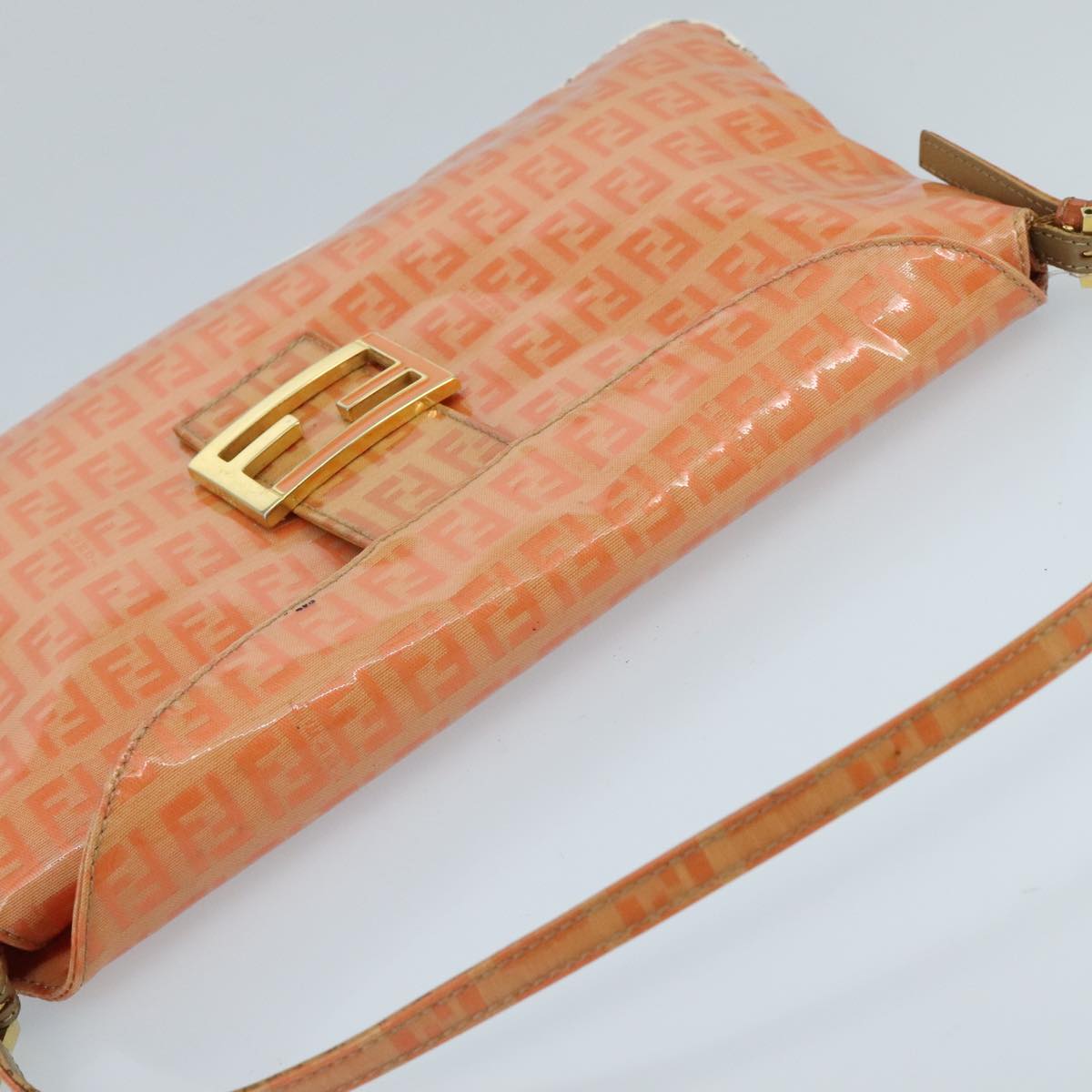 FENDI Zucchino Canvas Mamma Baguette Shoulder Bag Enamel Gold Orange Auth 98336