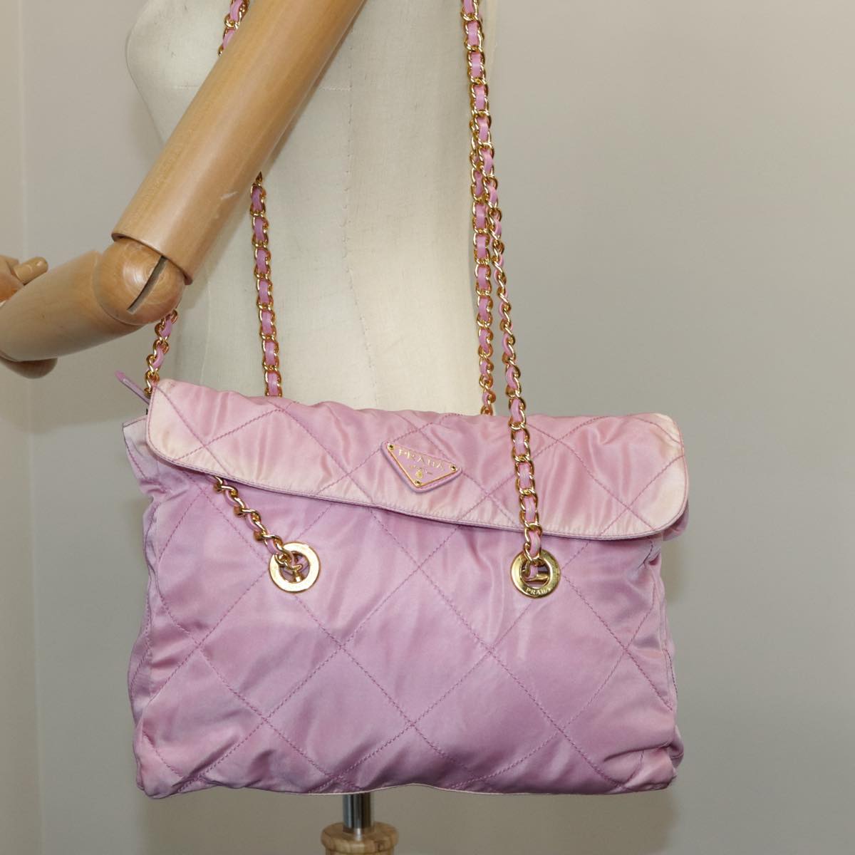 PRADA Quilted Chain Shoulder Bag Nylon Pink Gold Auth 98342