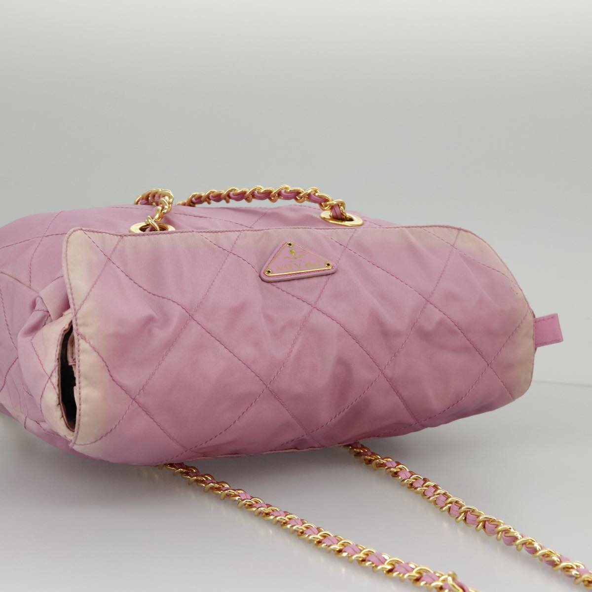 PRADA Quilted Chain Shoulder Bag Nylon Pink Gold Auth 98342