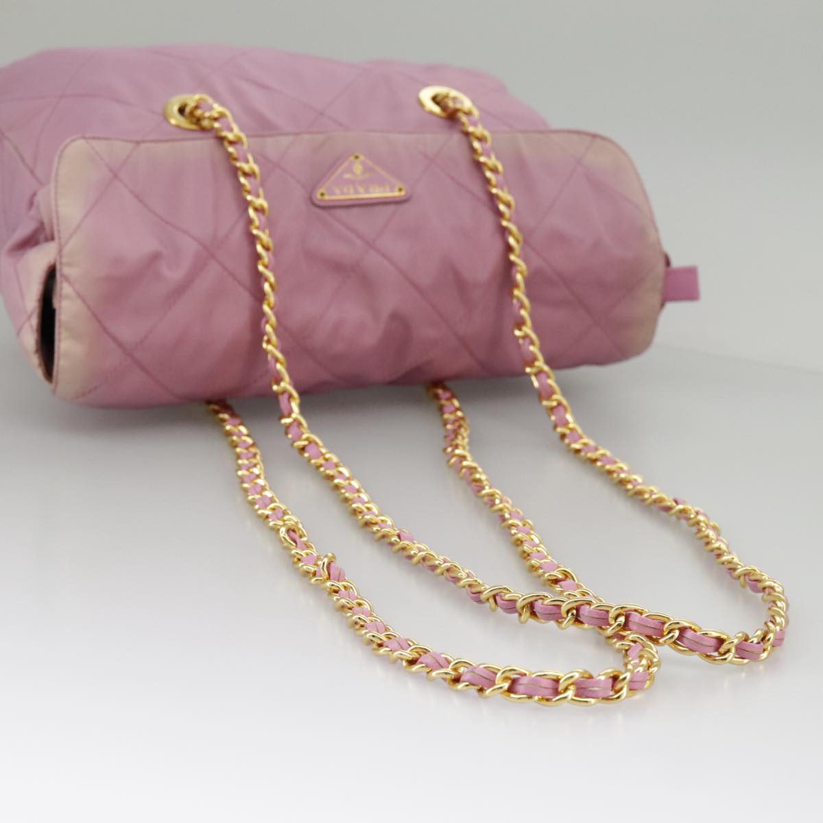 PRADA Quilted Chain Shoulder Bag Nylon Pink Gold Auth 98342