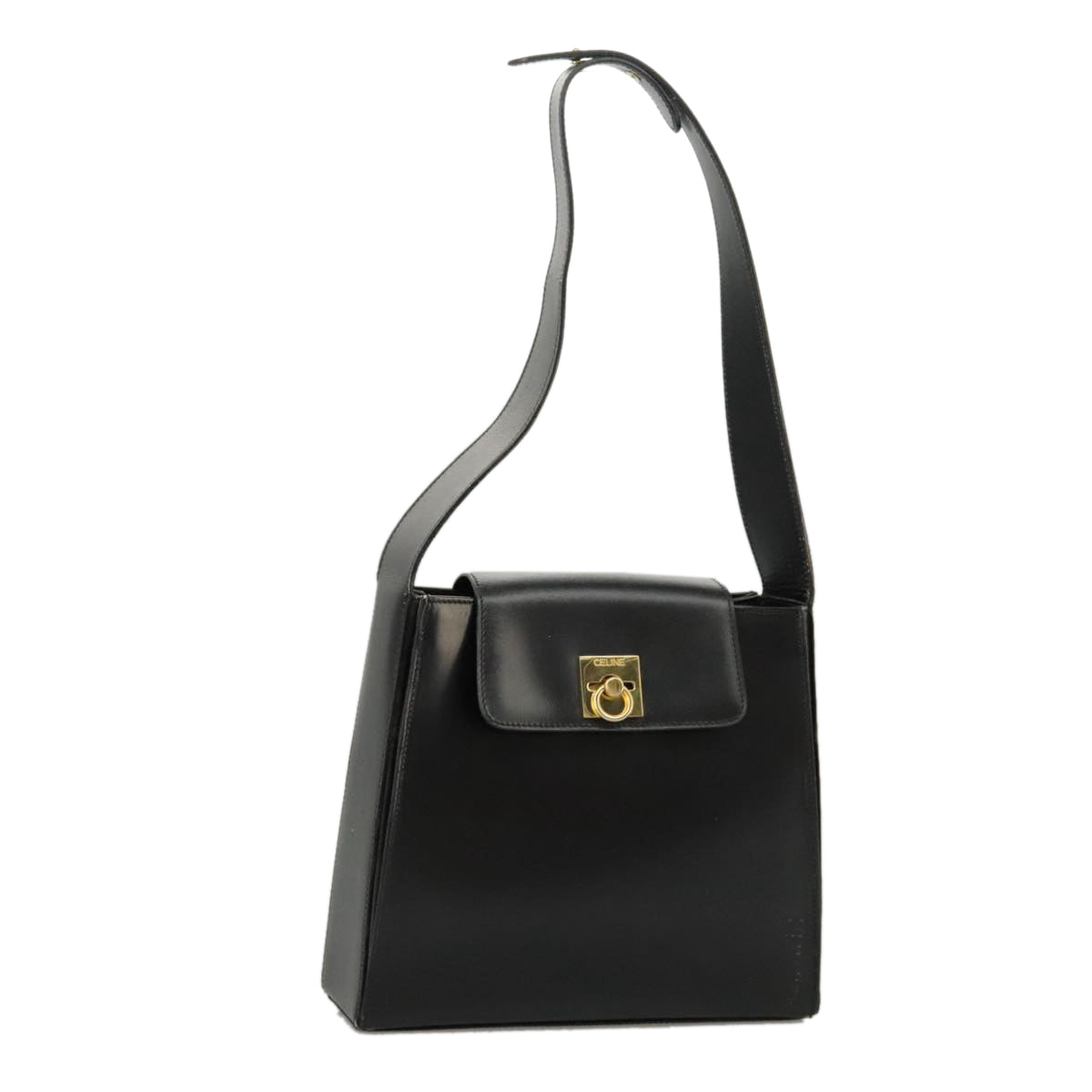 CELINE Shoulder Bag Leather Black Gold Auth 98343