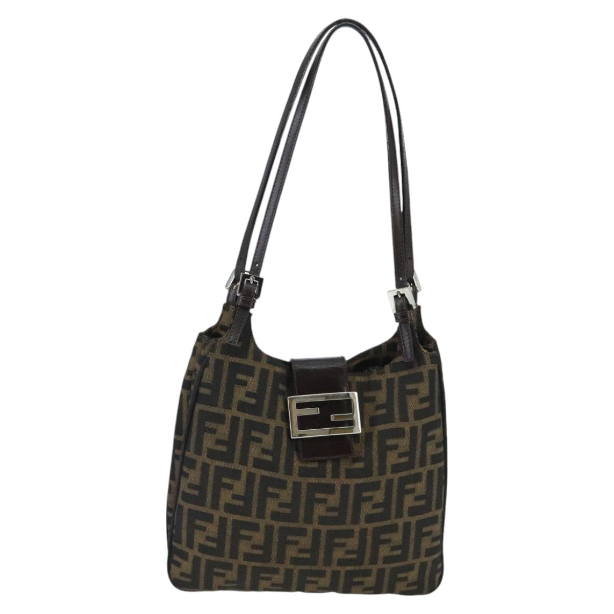 FENDI Zucca Canvas Mamma Baguette Shoulder Bag Brown Black Silver Auth 98344