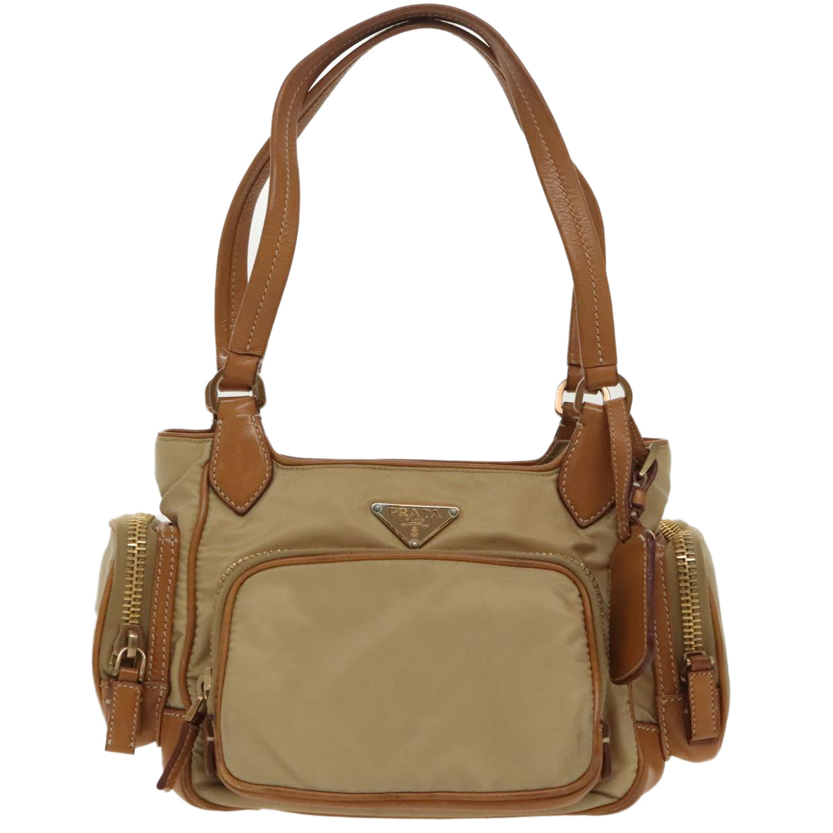 PRADA Hand Bag Nylon Beige Gold Auth 98356