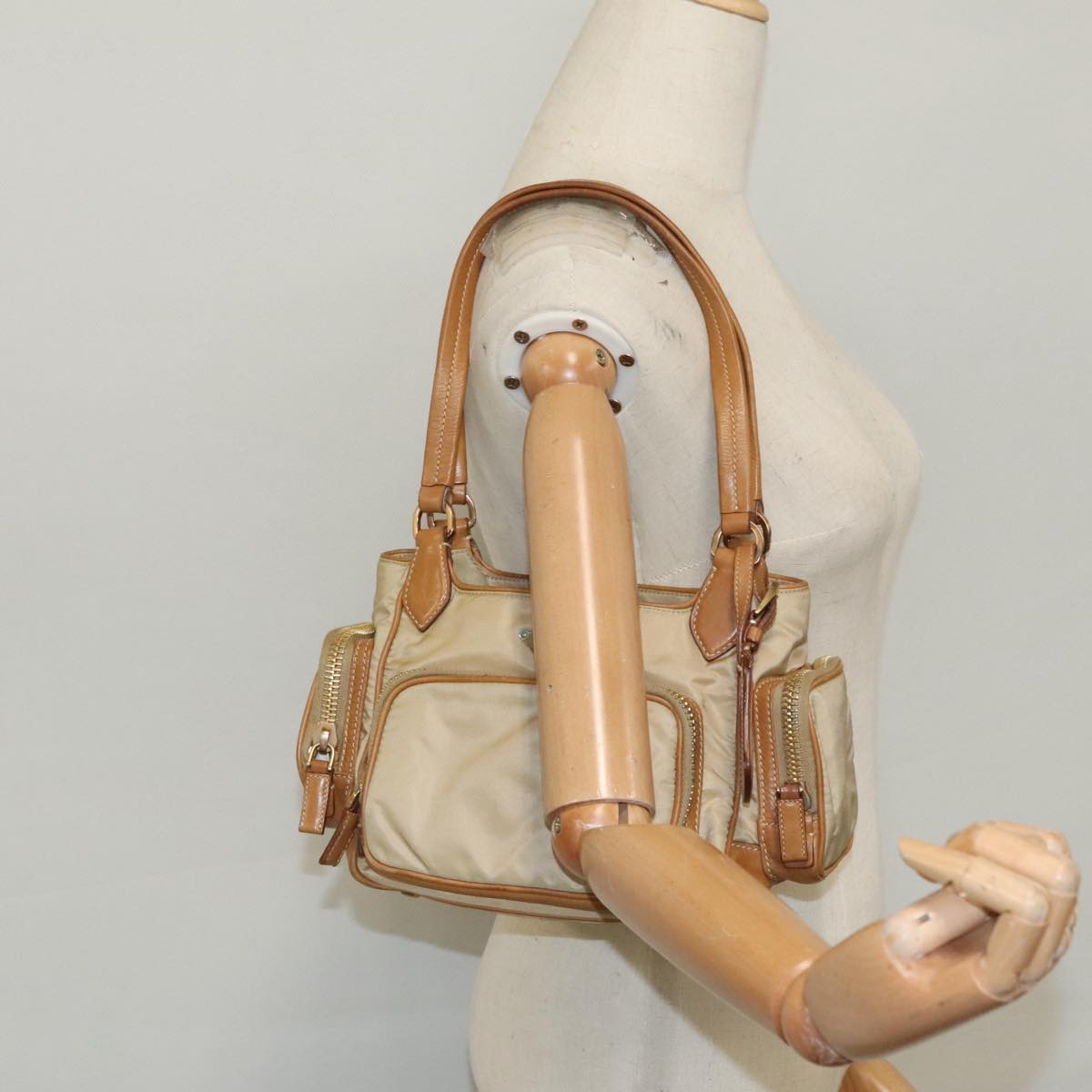 PRADA Hand Bag Nylon Beige Gold Auth 98356