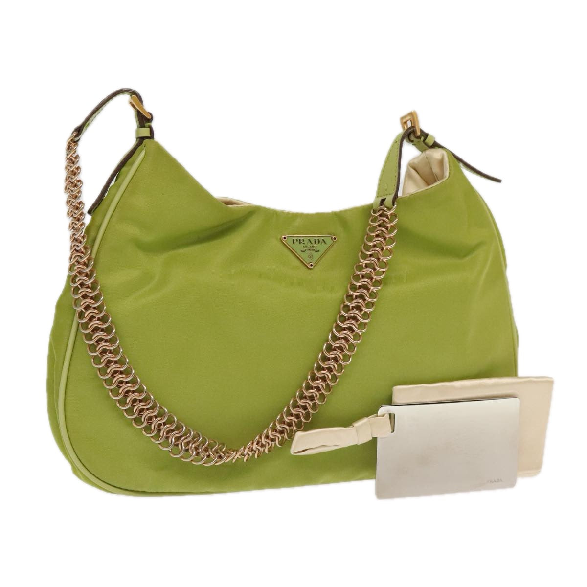 PRADA Chain Shoulder Bag Nylon Gold Light green Auth 98367