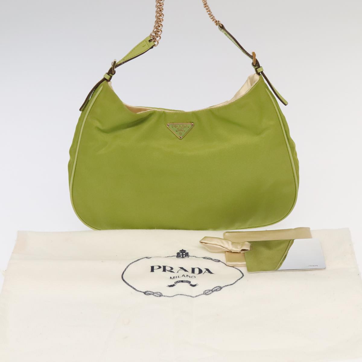 PRADA Chain Shoulder Bag Nylon Gold Light green Auth 98367