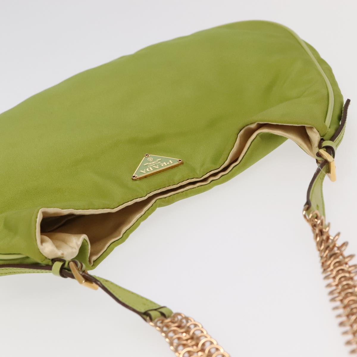 PRADA Chain Shoulder Bag Nylon Gold Light green Auth 98367