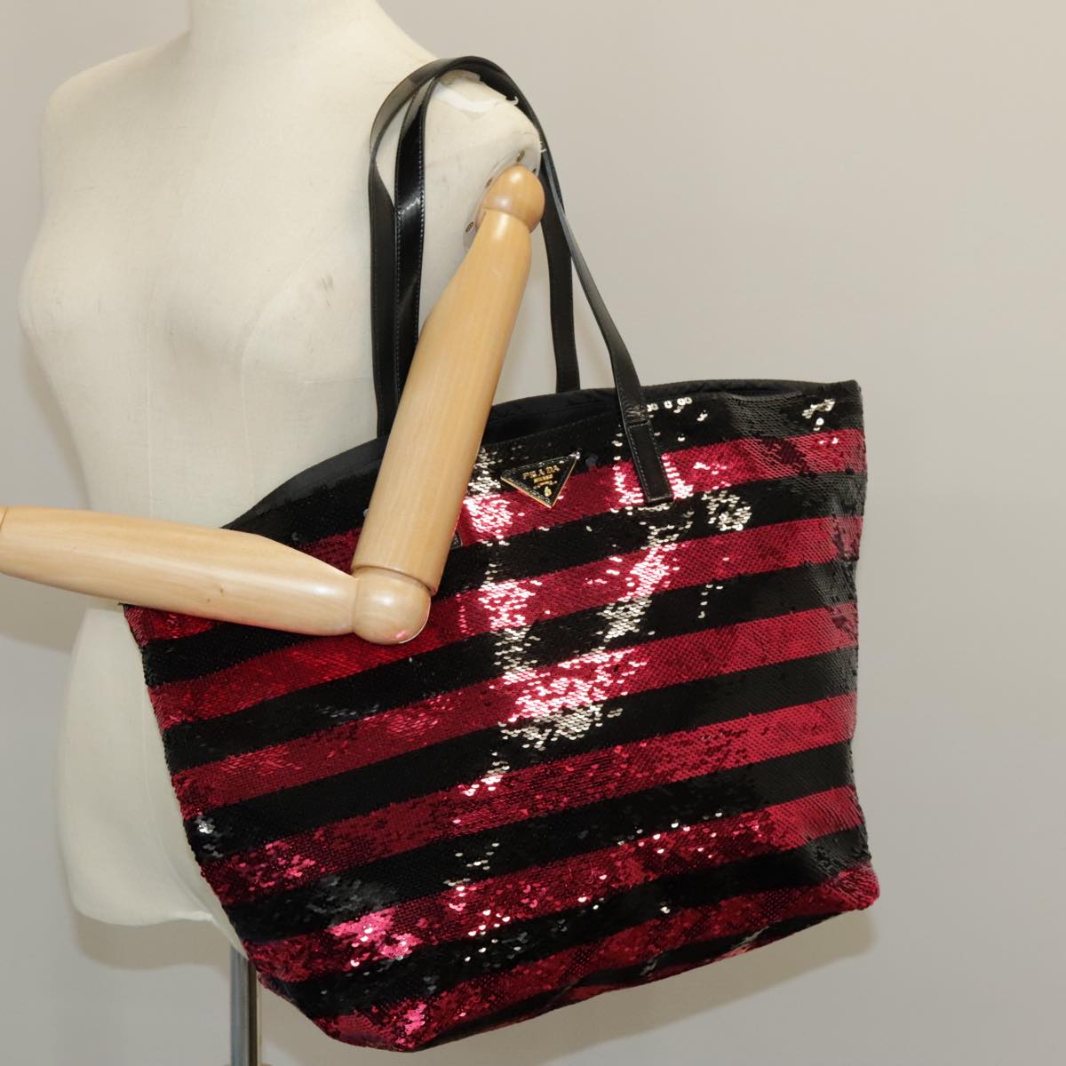 PRADA Sequin Tote Bag Nylon Black Red Auth 98375A