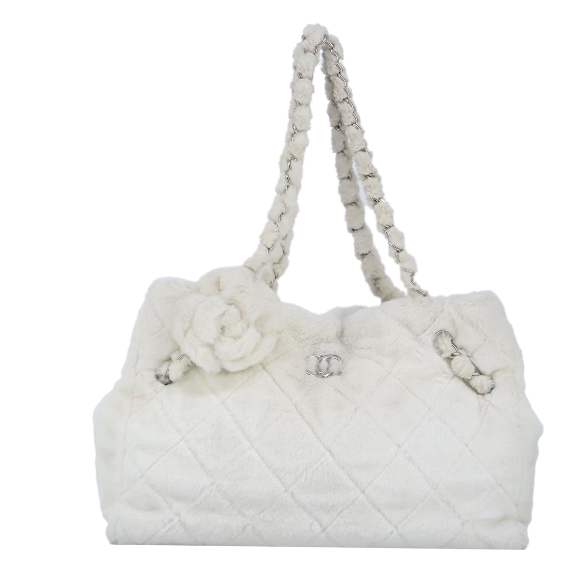 CHANEL Chain Tote Bag White Silver CC Auth 98378A