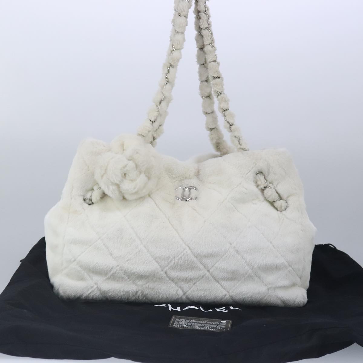 CHANEL Chain Tote Bag White Silver CC Auth 98378A