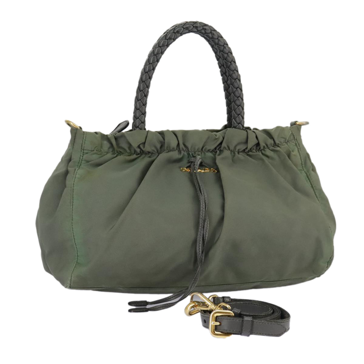 PRADA Hand Bag Nylon 2way Green Gold Auth 98383