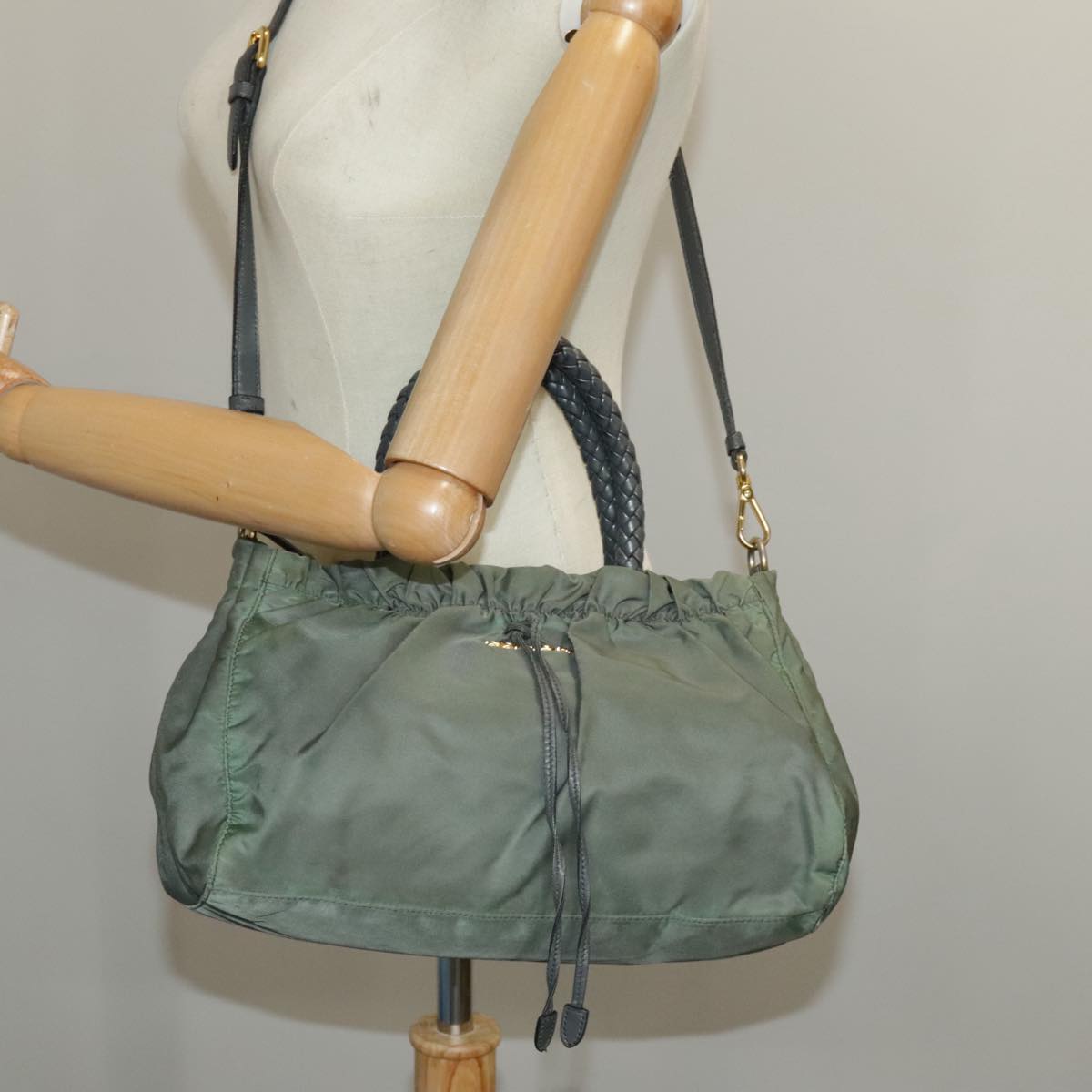 PRADA Hand Bag Nylon 2way Green Gold Auth 98383