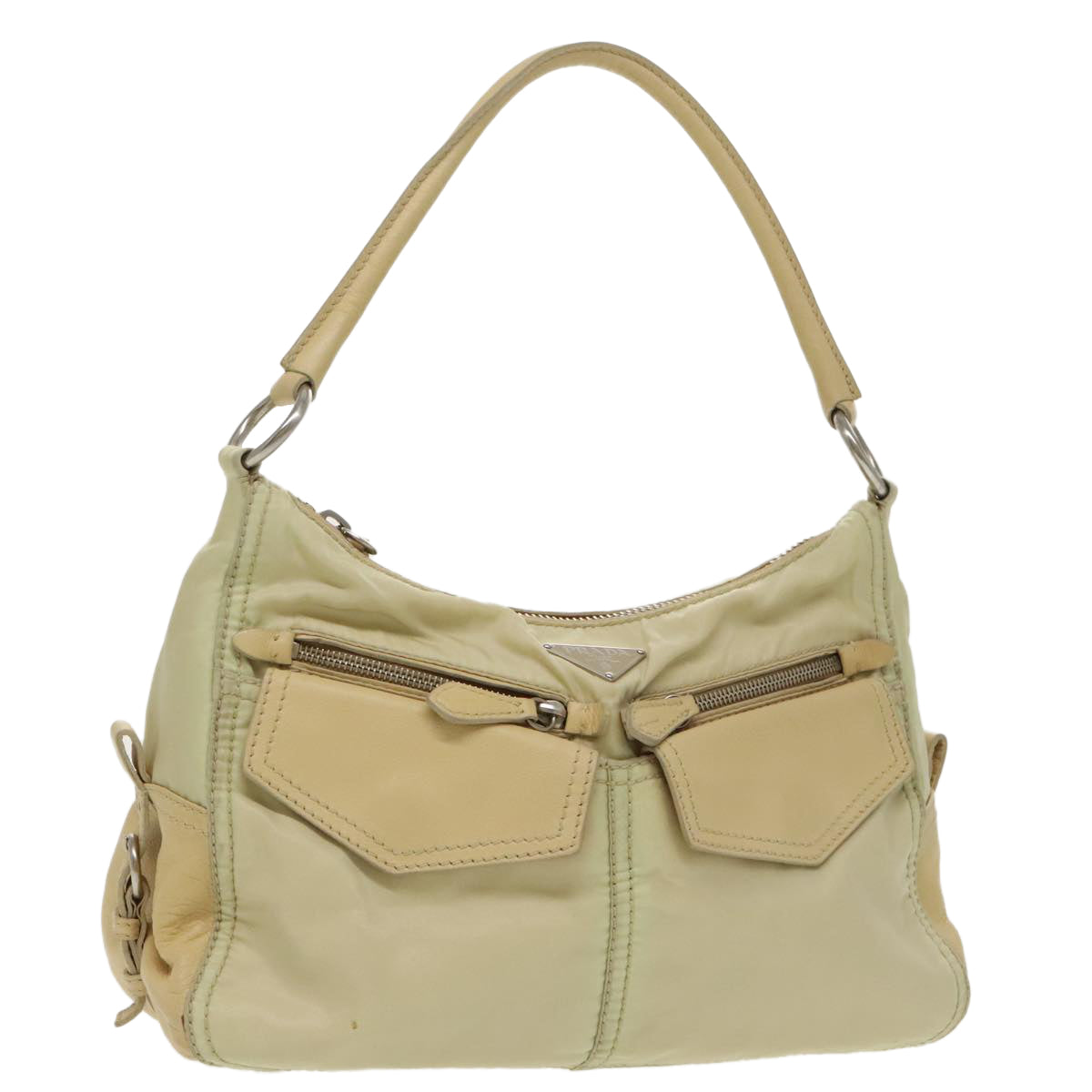 PRADA Shoulder Bag Nylon Leather Beige Silver Auth 98384