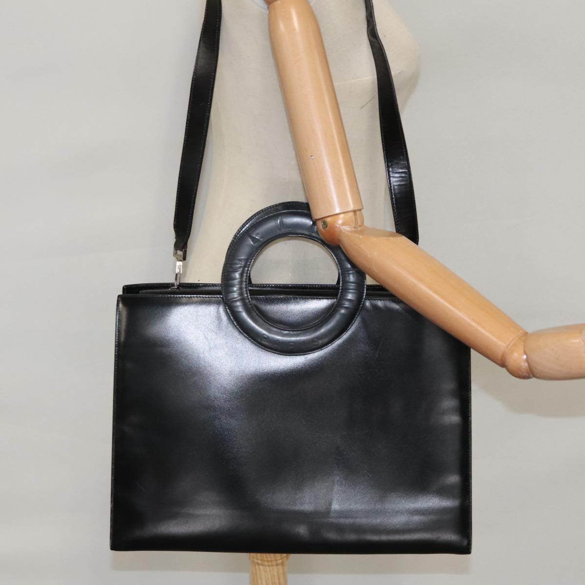 CELINE Hand Bag Leather 2way Black Silver Auth 98398