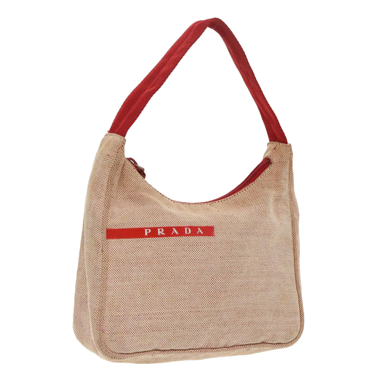 PRADA Sports Hand Bag Canvas Beige Red Silver Auth 98400