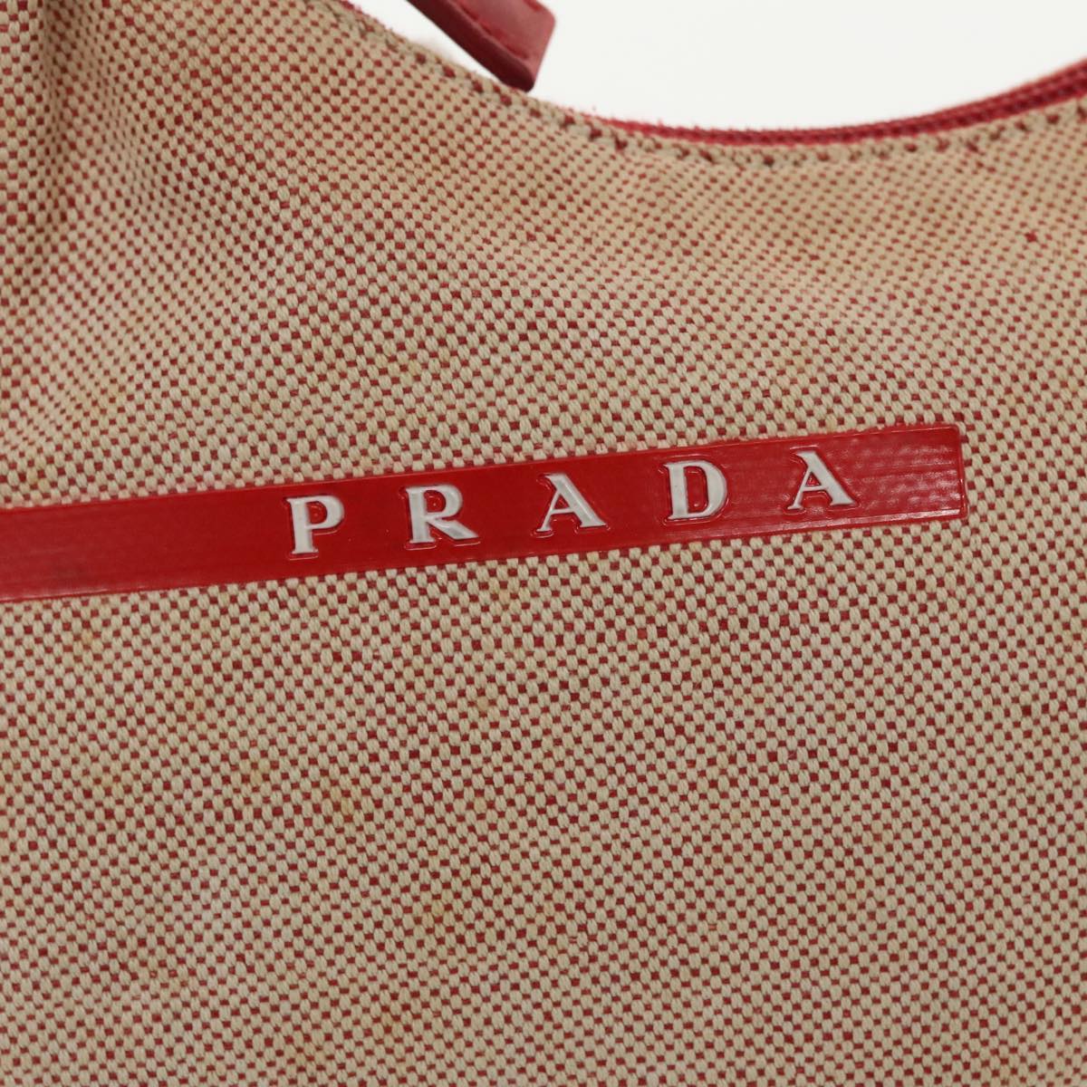 PRADA Sports Hand Bag Canvas Beige Red Silver Auth 98400