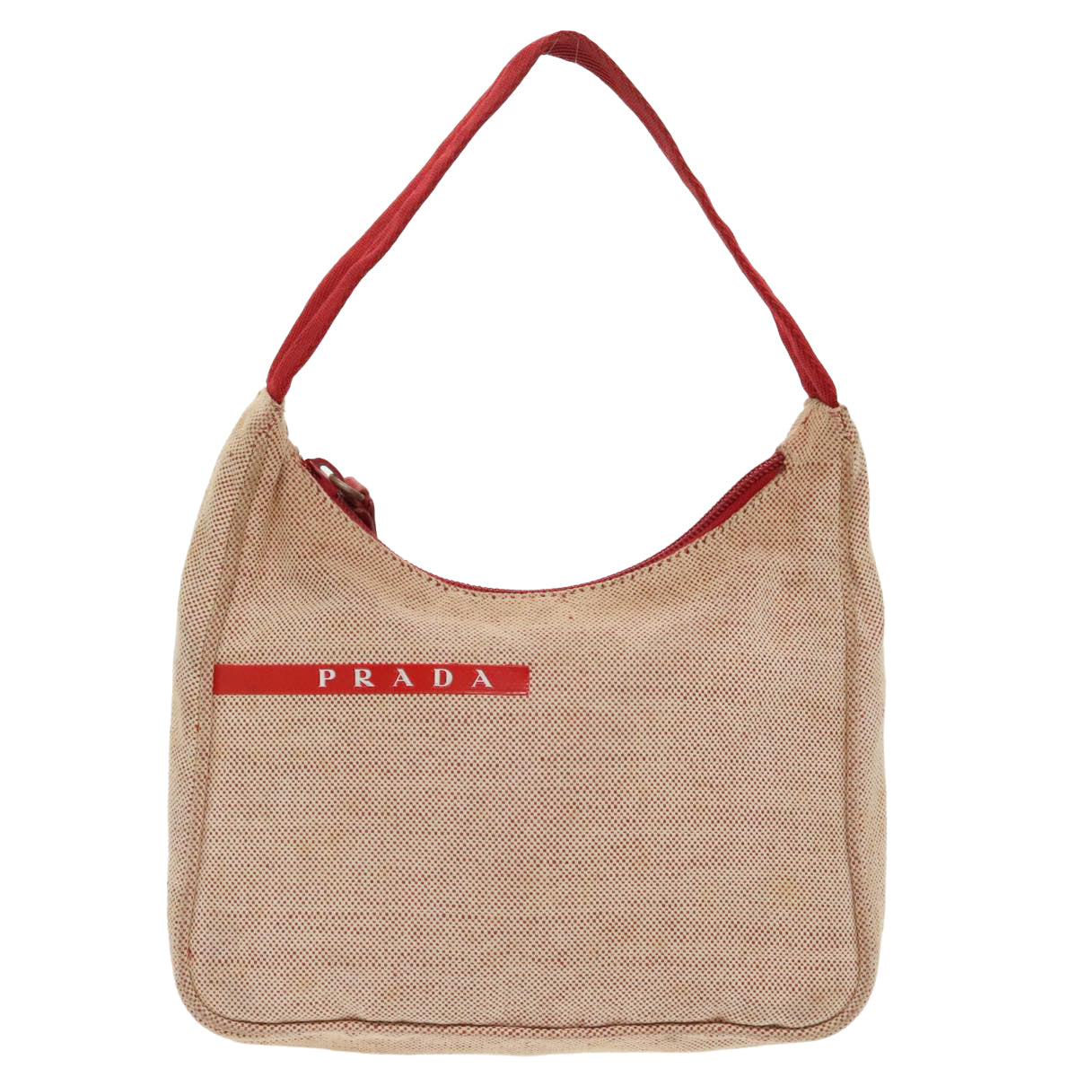 PRADA Sports Hand Bag Canvas Beige Red Silver Auth 98400