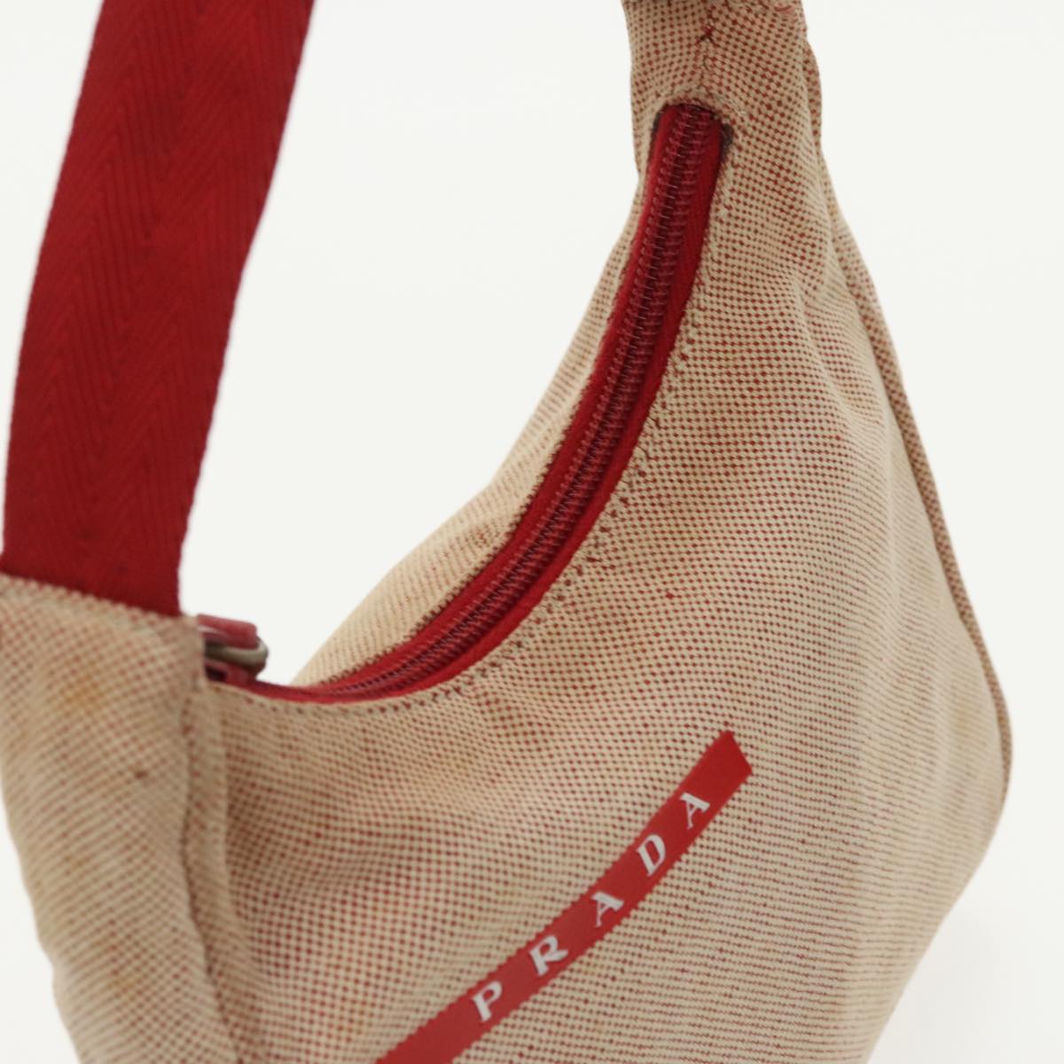 PRADA Sports Hand Bag Canvas Beige Red Silver Auth 98400