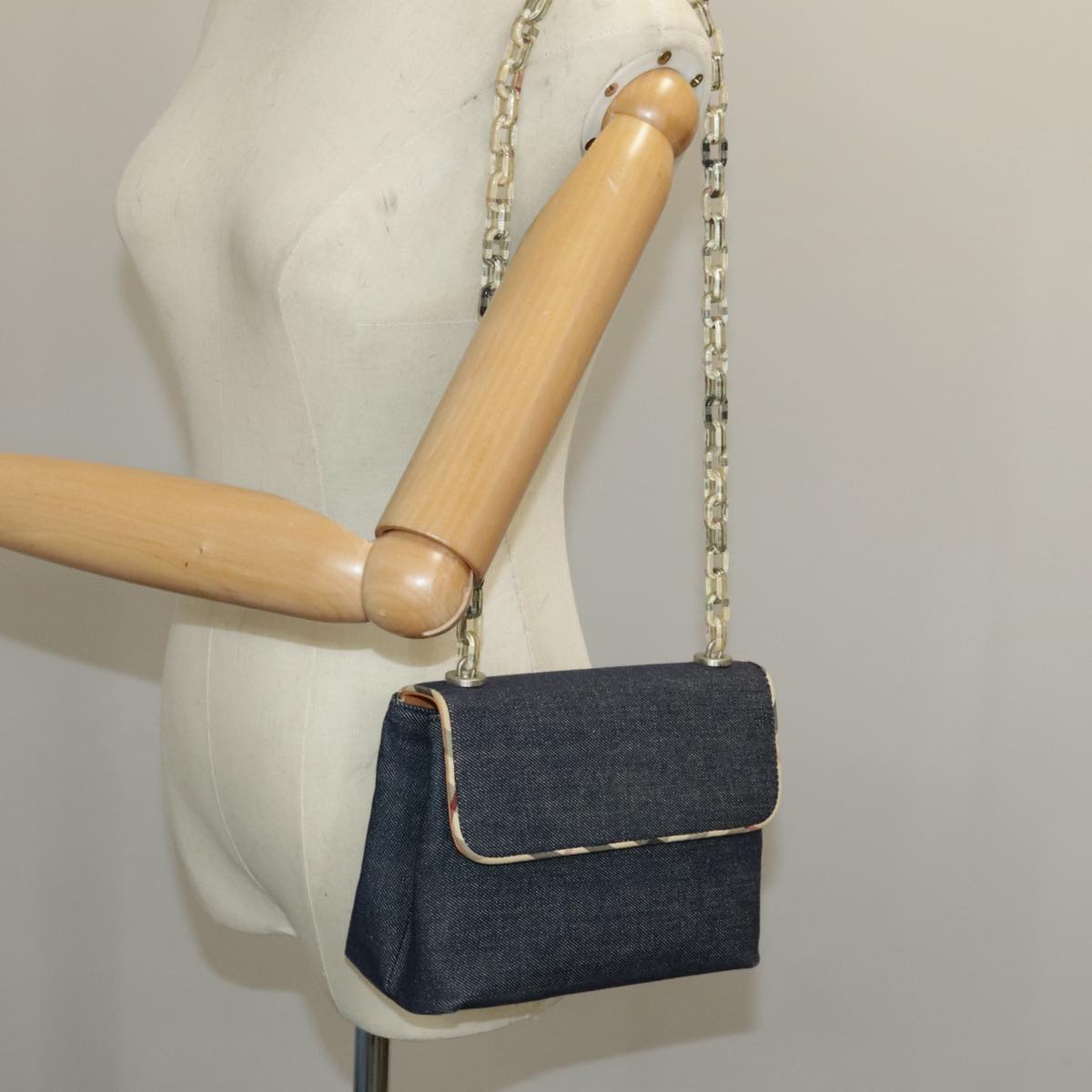 BURBERRY Chain Shoulder Bag Denim Navy Auth 98408