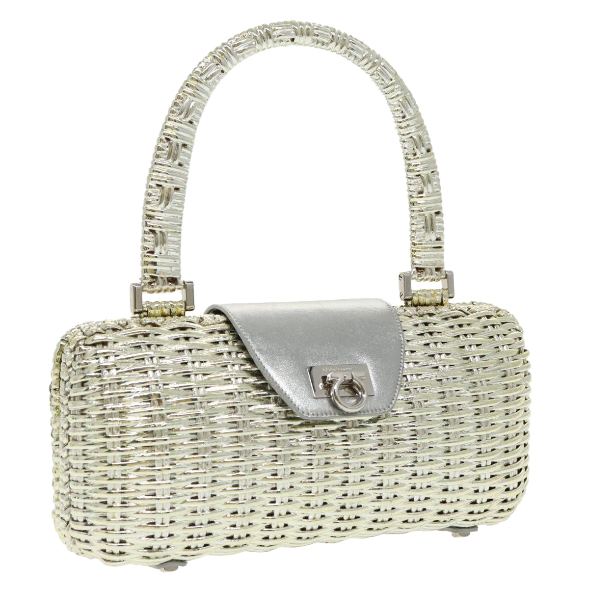 Salvatore Ferragamo Gancini Hand Bag Wicker Gold Tone Silver Auth 98409A