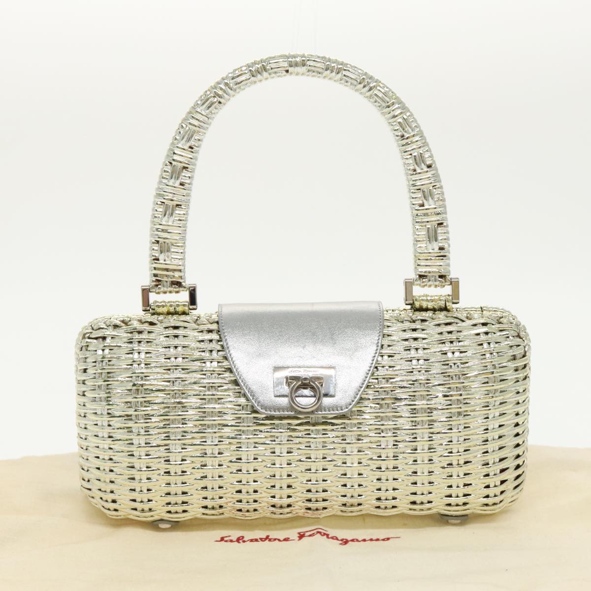 Salvatore Ferragamo Gancini Hand Bag Wicker Gold Tone Silver Auth 98409A