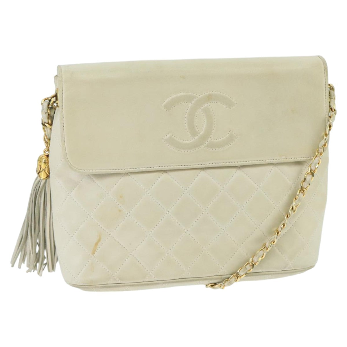 CHANEL Matelasse Chain Shoulder Bag Lamb Skin White Gold CC Auth 98413