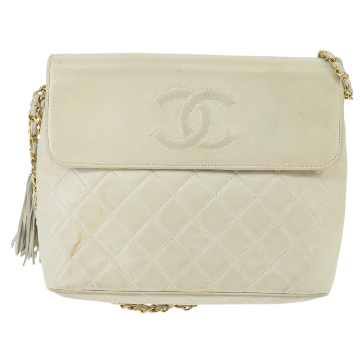 CHANEL Matelasse Chain Shoulder Bag Lamb Skin White Gold CC Auth 98413 - 0