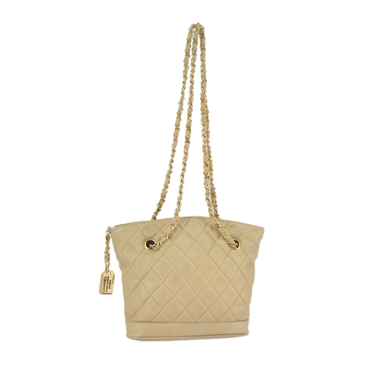 CHANEL Matelasse Chain Shoulder Bag Lamb Skin Beige Gold CC Auth 98416