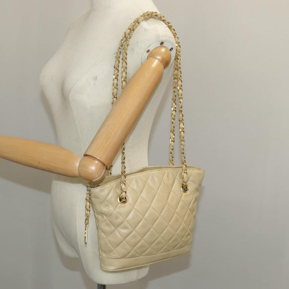 CHANEL Matelasse Chain Shoulder Bag Lamb Skin Beige Gold CC Auth 98416