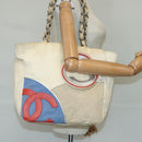 CHANEL Chain Tote Bag No5 Canvas White Silver CC Auth 98422-21