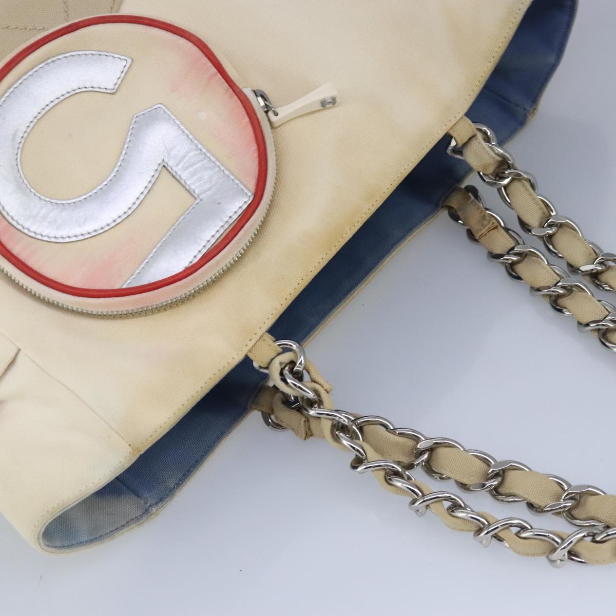 CHANEL Chain Tote Bag No5 Canvas White Silver CC Auth 98422