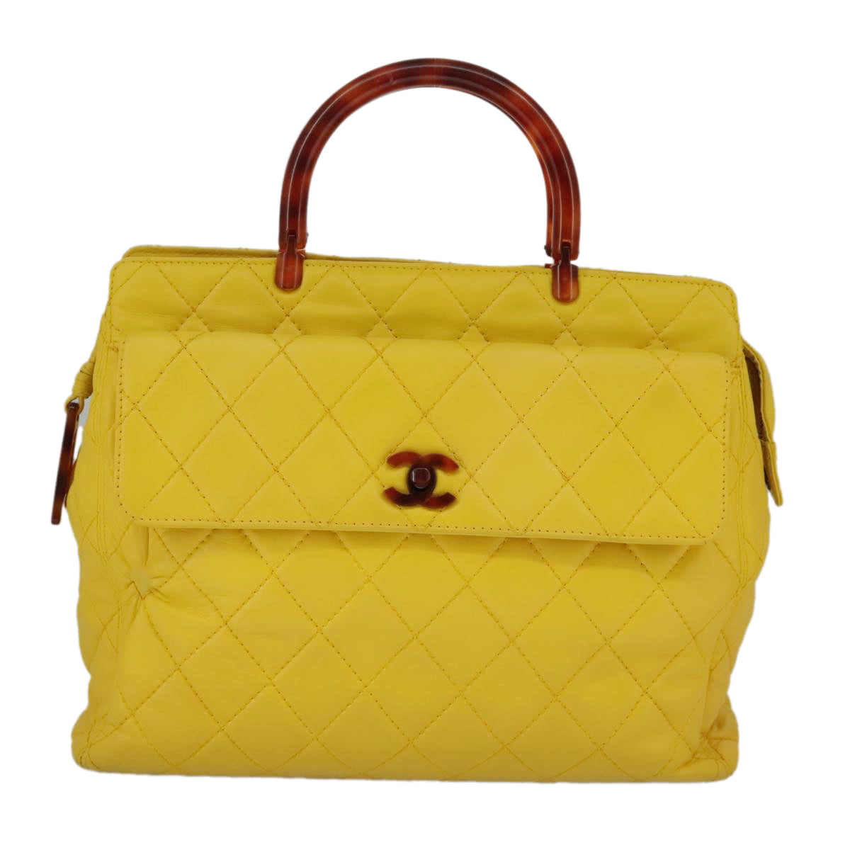 CHANEL Matelasse Hand Bag Lamb Skin Yellow CC Auth 98431