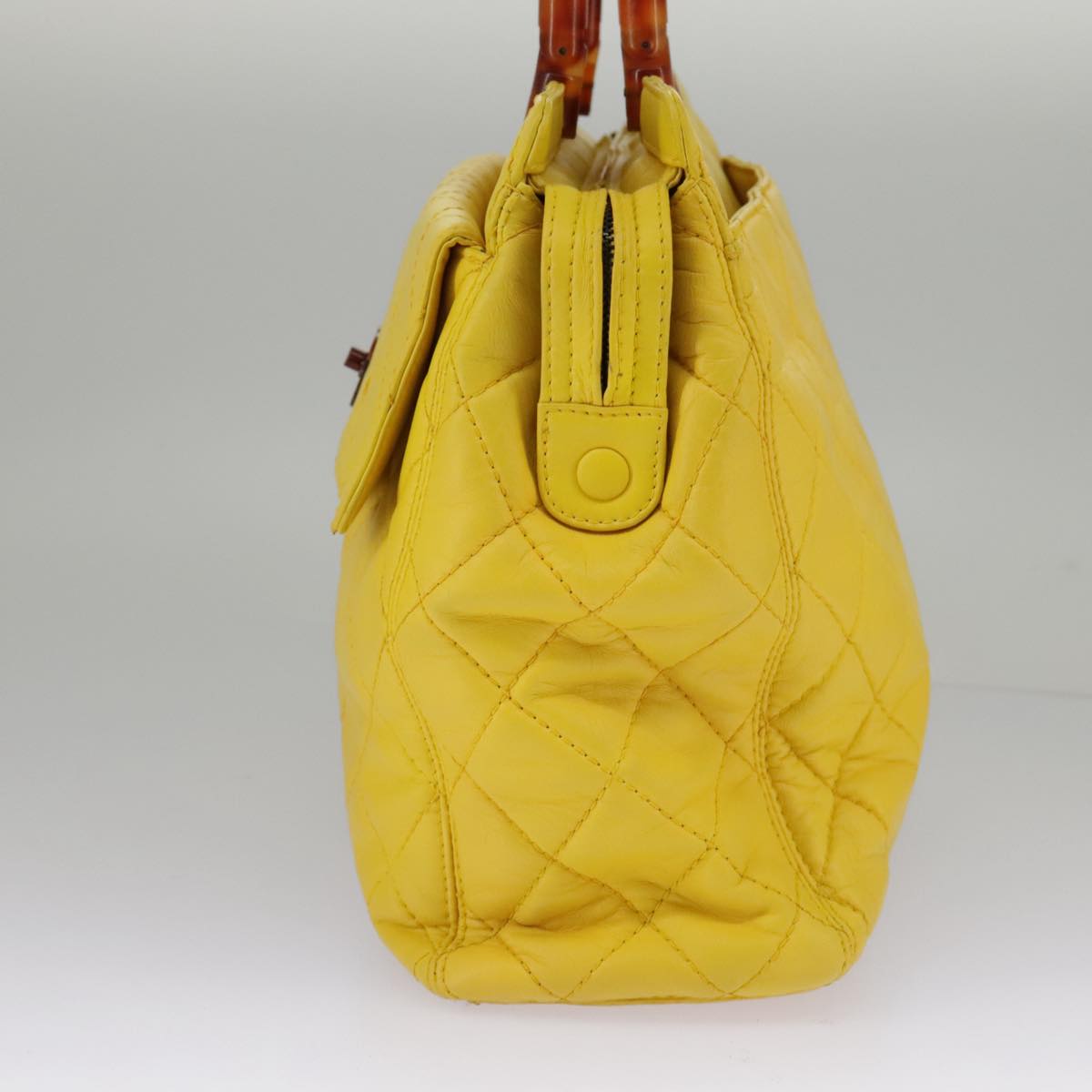 CHANEL Matelasse Hand Bag Lamb Skin Yellow CC Auth 98431