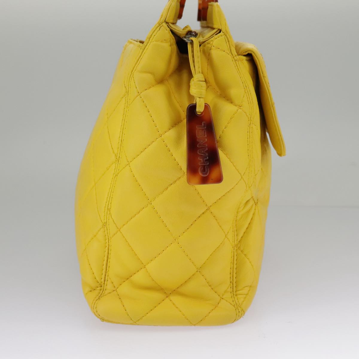 CHANEL Matelasse Hand Bag Lamb Skin Yellow CC Auth 98431