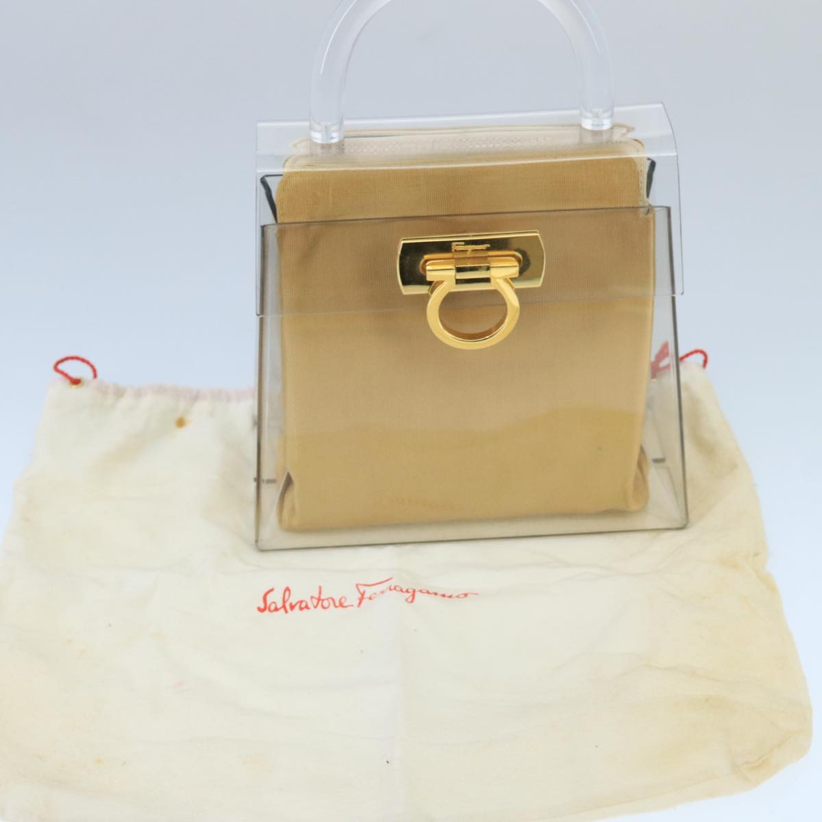 Salvatore Ferragamo Gancini Hand Bag plastic Clear Gold Auth 98437A