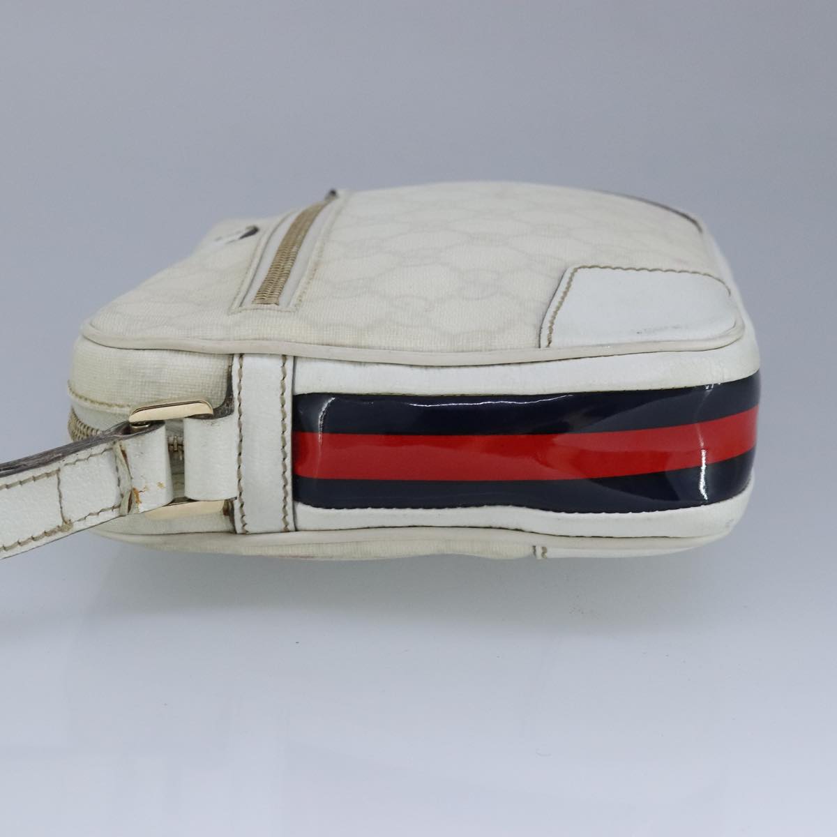 GUCCI Sherry Line Clutch Bag PVC Leather White Gold Red 152599 Auth 98453