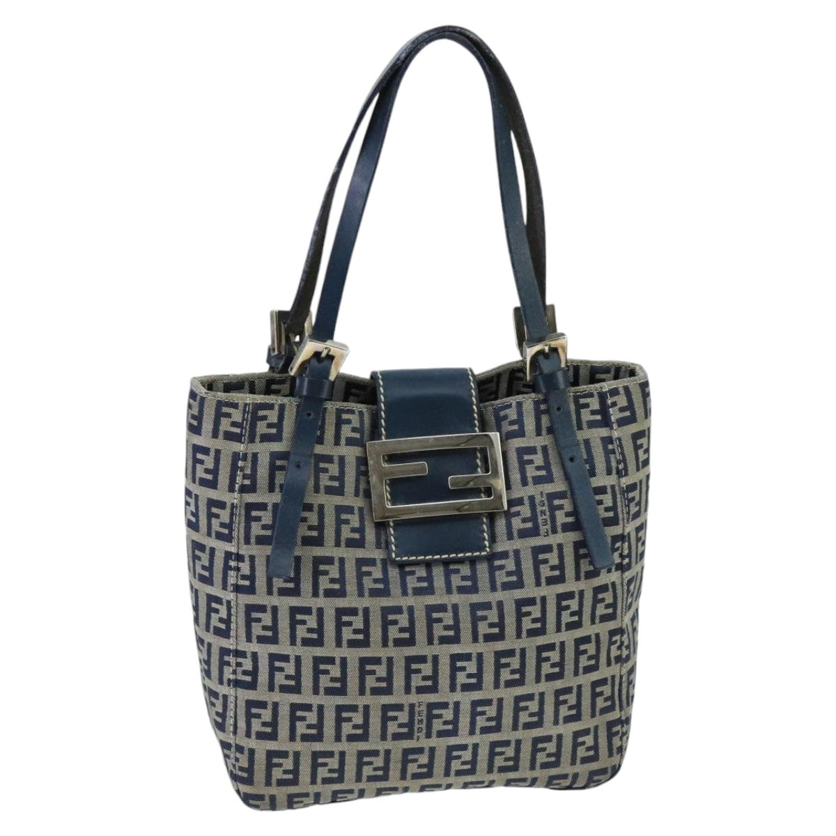 FENDI Zucchino Canvas Hand Bag Navy Silver Auth 98465