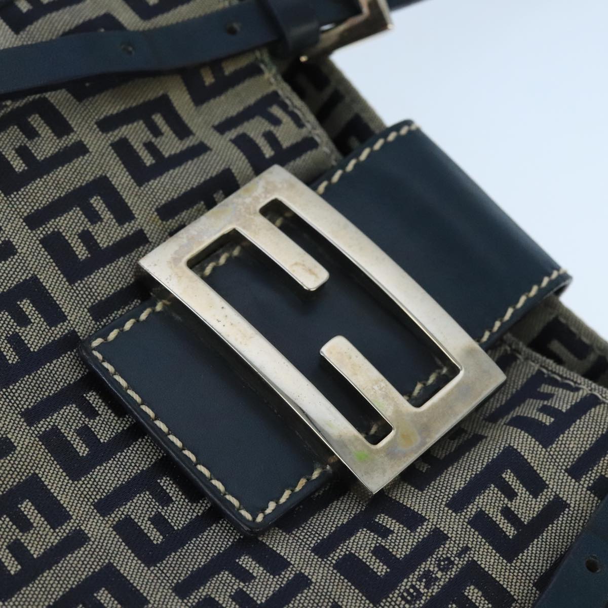 FENDI Zucchino Canvas Hand Bag Navy Silver Auth 98465