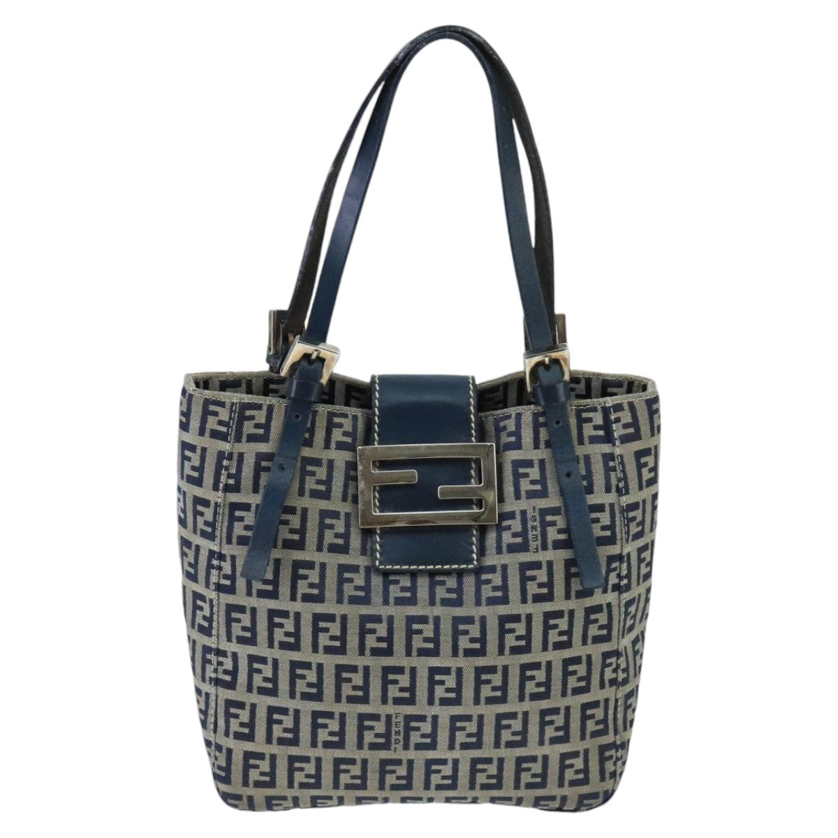 FENDI Zucchino Canvas Hand Bag Navy Silver Auth 98465 - 0