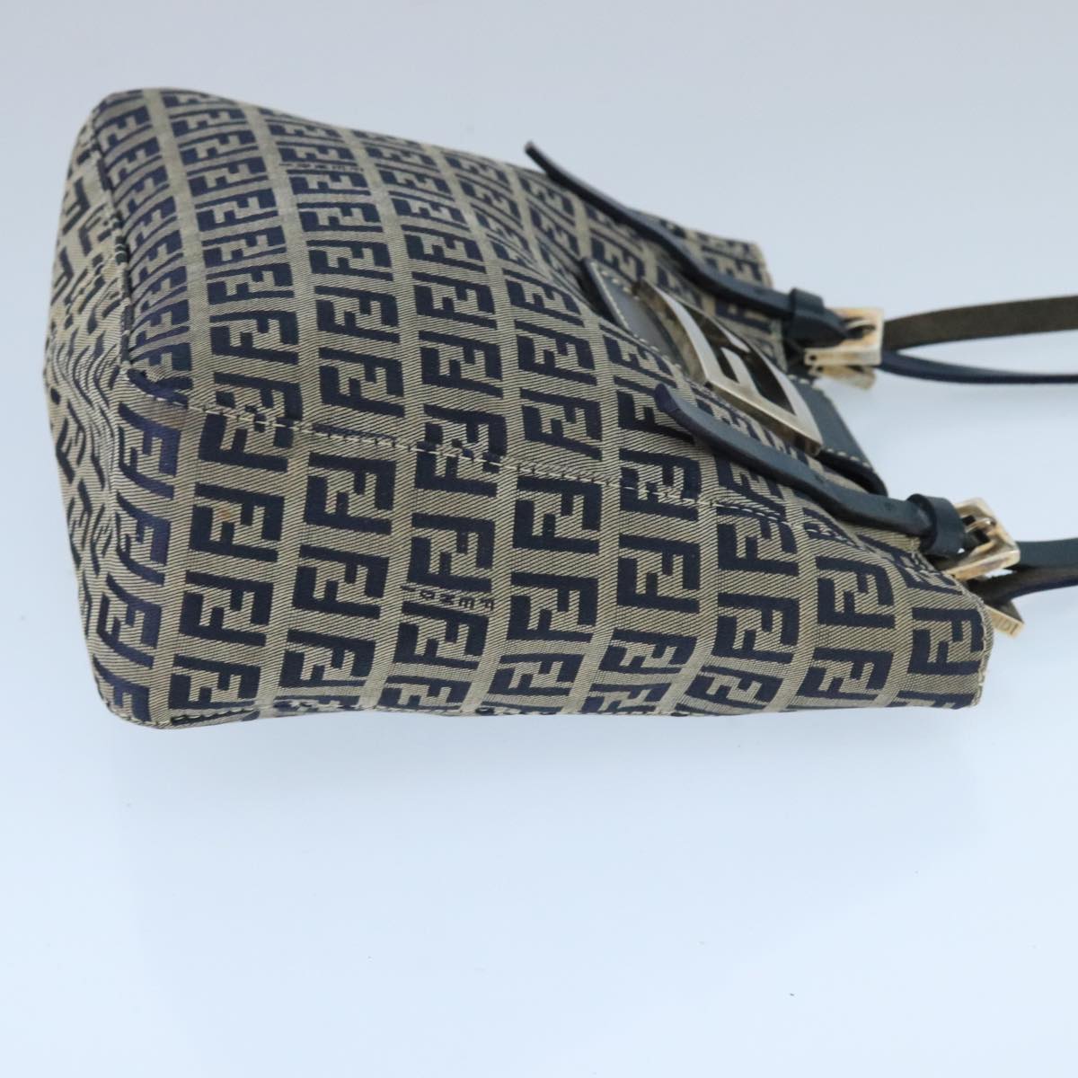 FENDI Zucchino Canvas Hand Bag Navy Silver Auth 98465