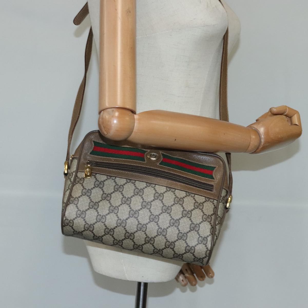 GUCCI GG Supreme Web Sherry Line Shoulder Bag PVC Beige Red 56 02 087 Auth 98466