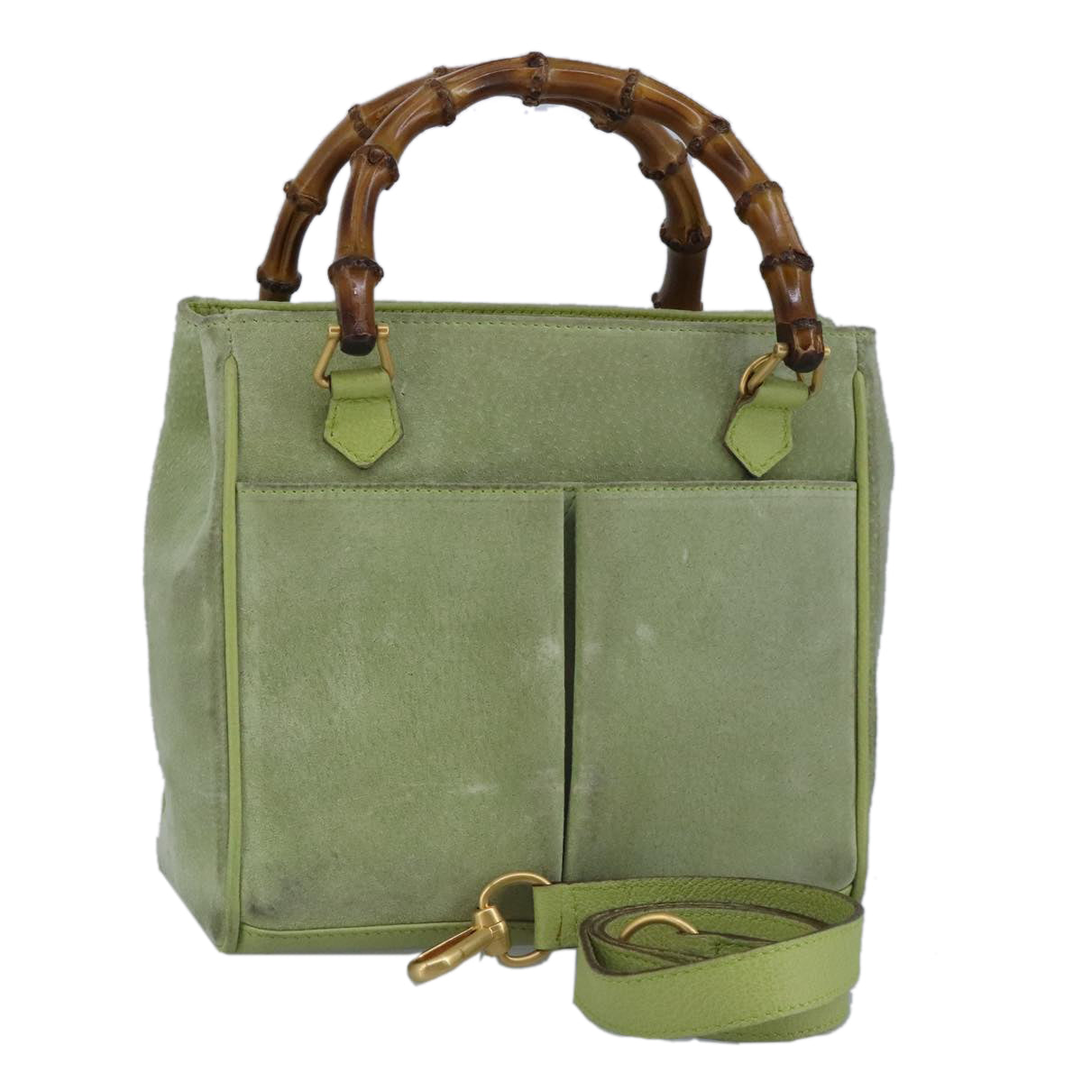 GUCCI Bamboo Hand Bag Suede 2way Gold Light green 000 122 0316 Auth 98469